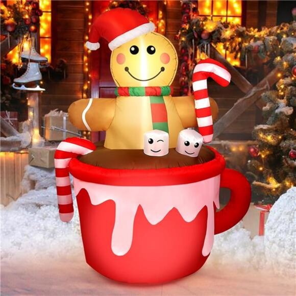5FT Christmas Inflatable Outdoor Decoration, Gingerbread Man in Coffee Mug Blow - Picture 1 of 8